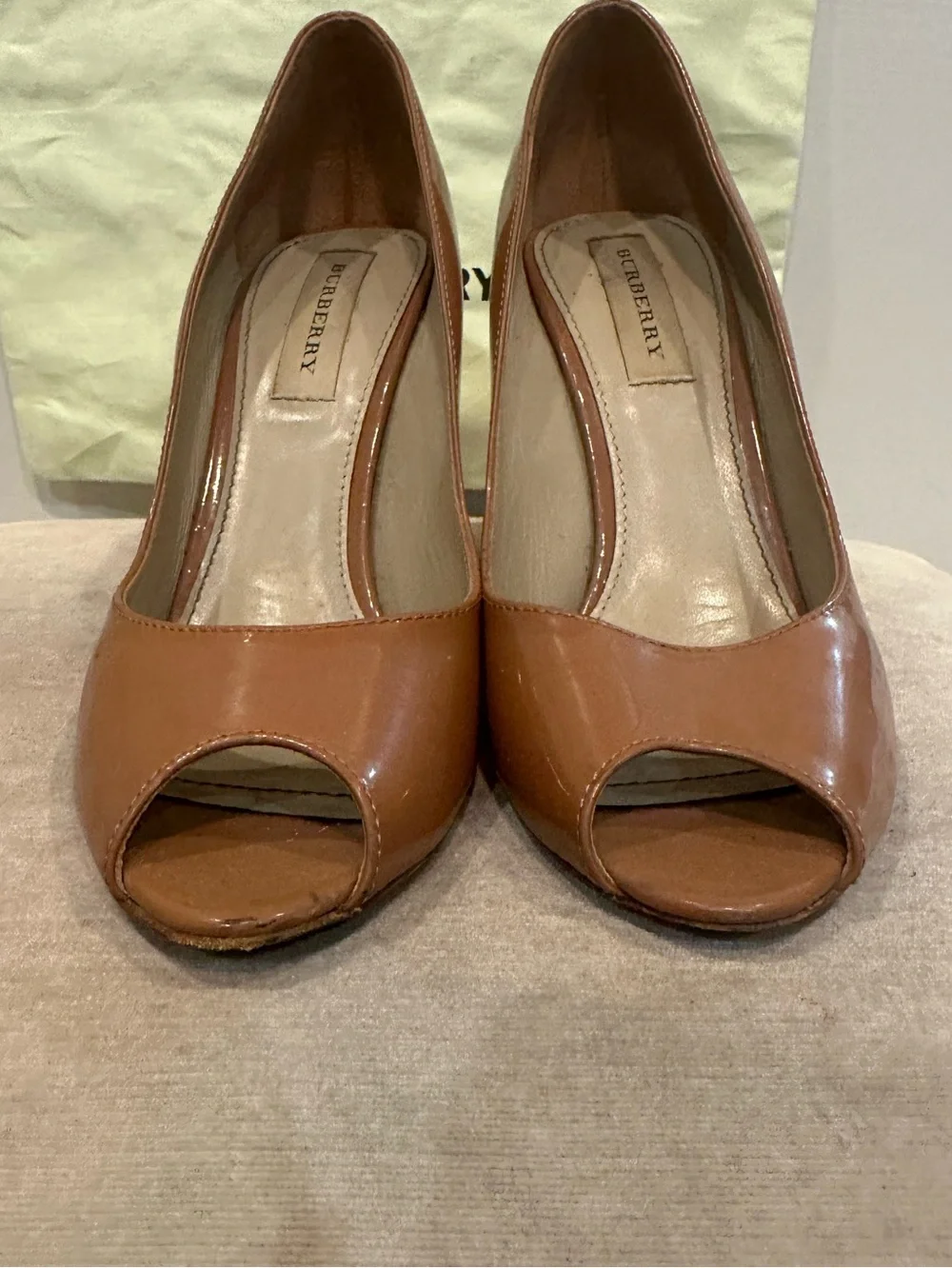 Burberry Patent Peep-Toe Stiletto in Brown